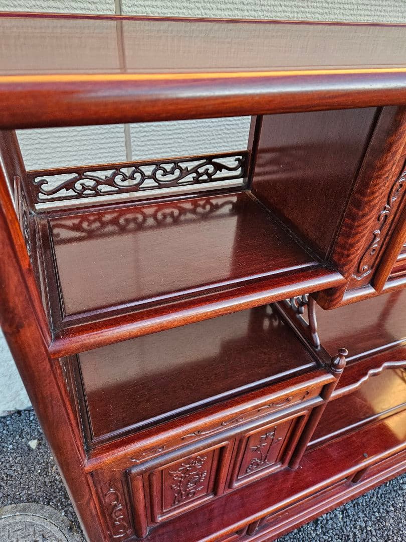 唐木 花梨製 茶箪笥 無垢材 飾り棚 茶棚 違い棚 和家具 木製 古民家 彫刻