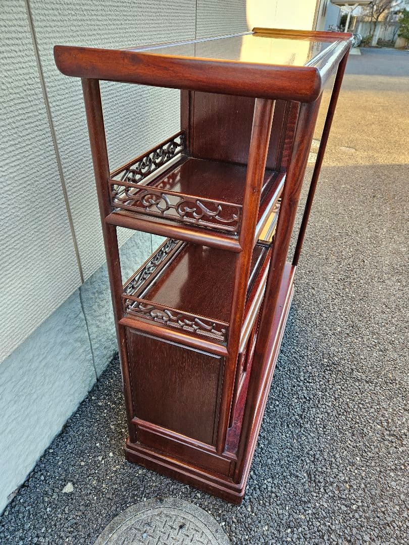 唐木 花梨製 茶箪笥 無垢材 飾り棚 茶棚 違い棚 和家具 木製 古民家 彫刻