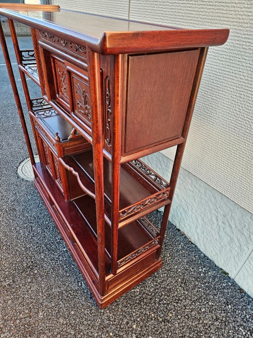 唐木 花梨製 茶箪笥 無垢材 飾り棚 茶棚 違い棚 和家具 木製 古民家 彫刻