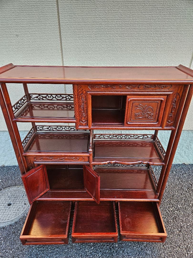 唐木 花梨製 茶箪笥 無垢材 飾り棚 茶棚 違い棚 和家具 木製 古民家 彫刻