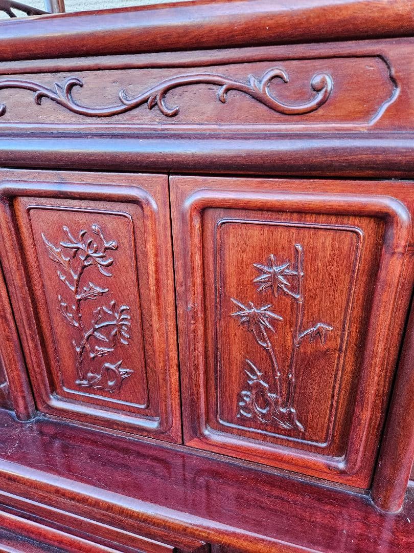 唐木 花梨製 茶箪笥 無垢材 飾り棚 茶棚 違い棚 和家具 木製 古民家 彫刻