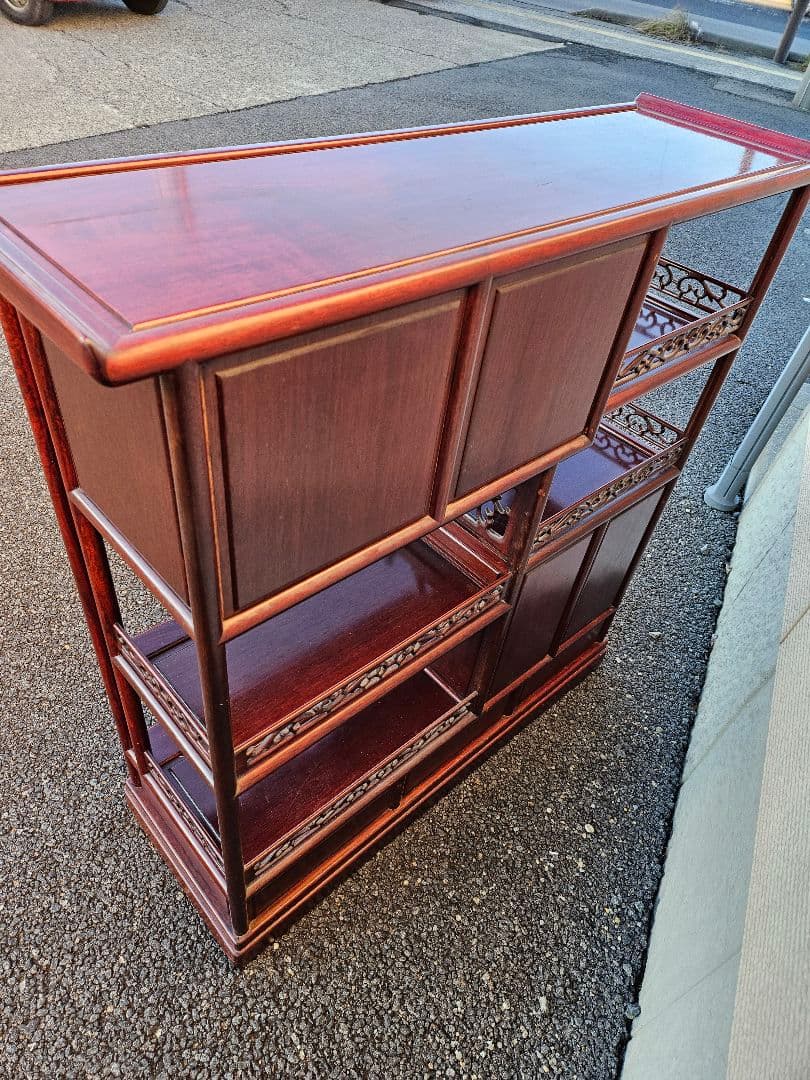 唐木 花梨製 茶箪笥 無垢材 飾り棚 茶棚 違い棚 和家具 木製 古民家 彫刻