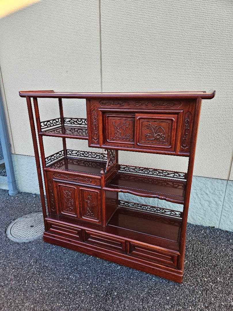 唐木 花梨製 茶箪笥 無垢材 飾り棚 茶棚 違い棚 和家具 木製 古民家 彫刻