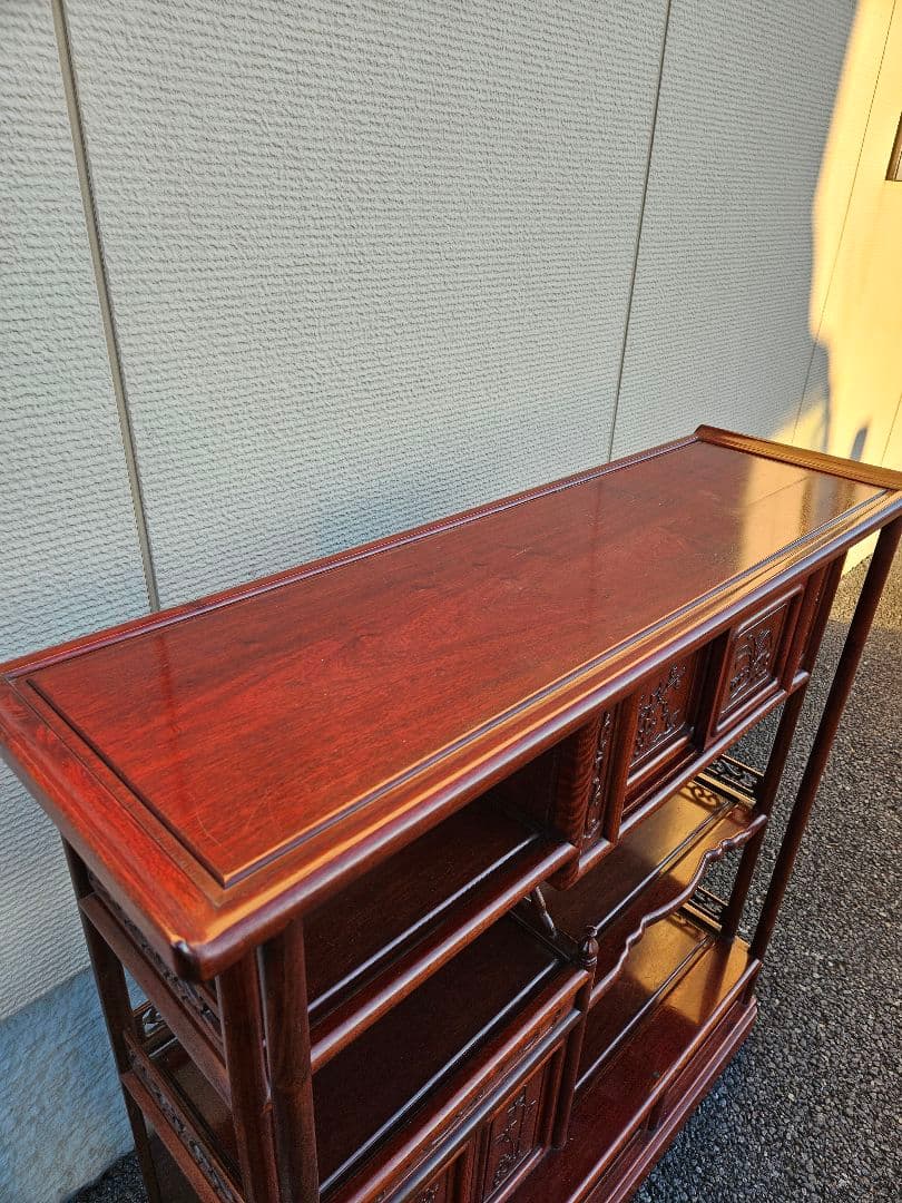 唐木 花梨製 茶箪笥 無垢材 飾り棚 茶棚 違い棚 和家具 木製 古民家 彫刻