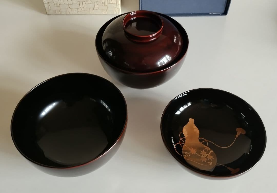 輪島塗　ひょうたん蒔絵　煮物椀　5客セット　溜塗