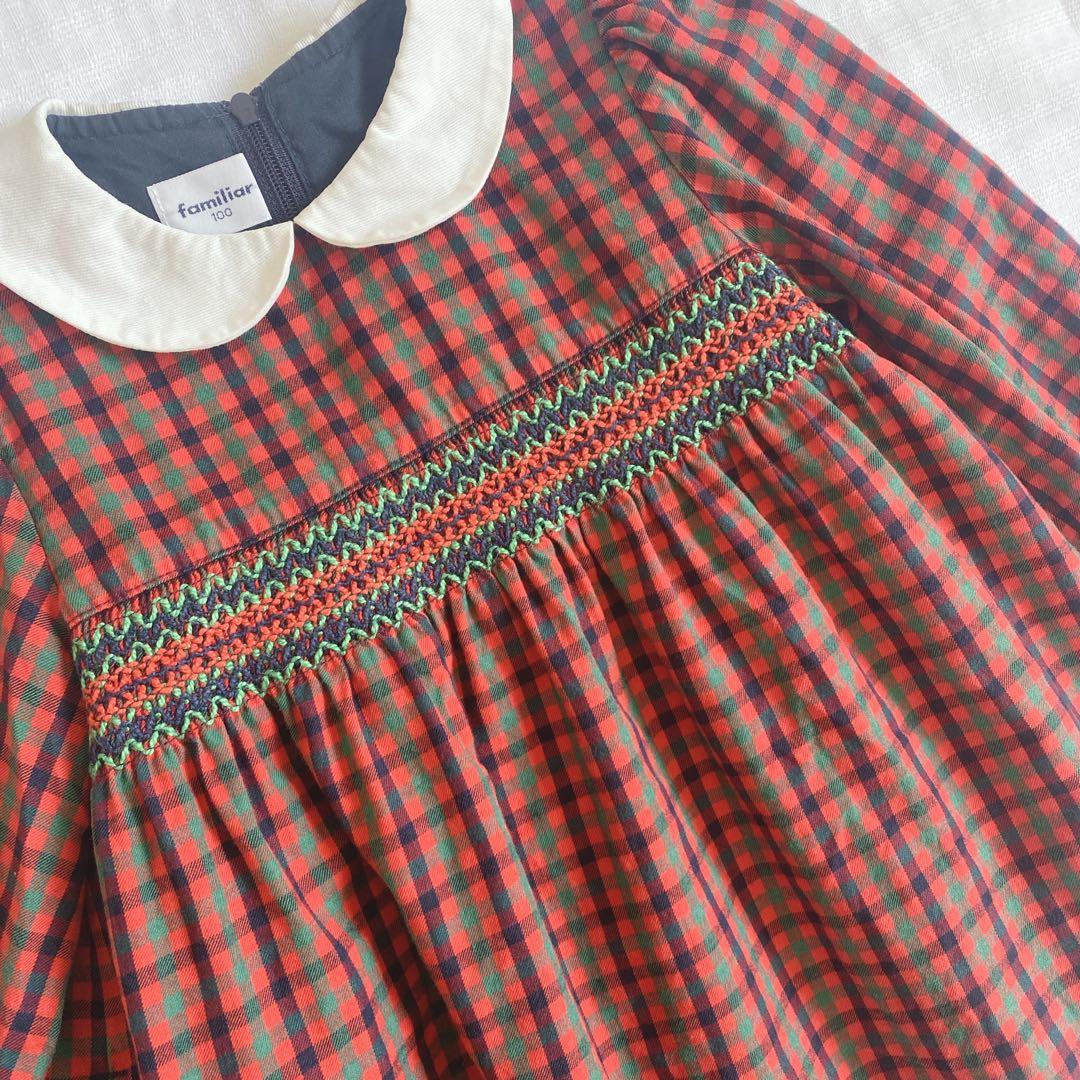 美品　familiar 赤系ファミリアチェック ワンピース 100 現行品　白襟