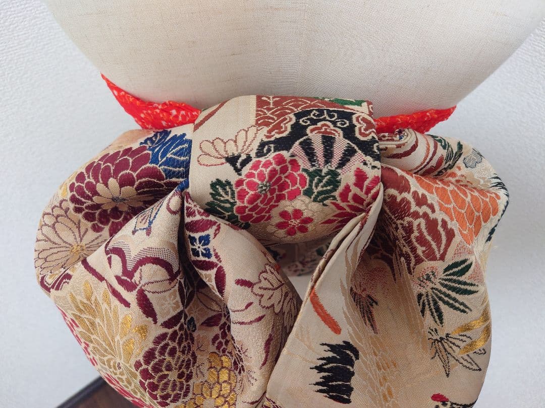 正絹袋帯からの作り帯　文庫結び　アンティーク　七五三ジュニア帯　鶴　一点物