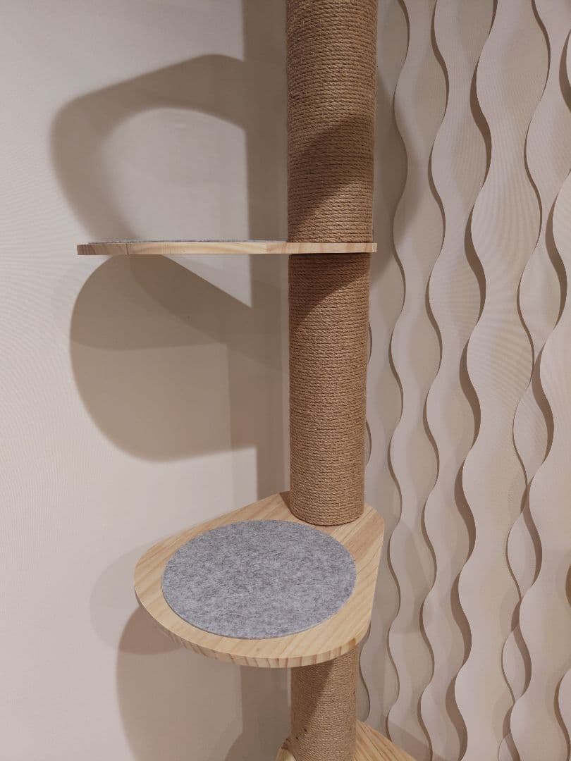 突っ張り型キャットタワー 麻 木材 透明ボウル付き