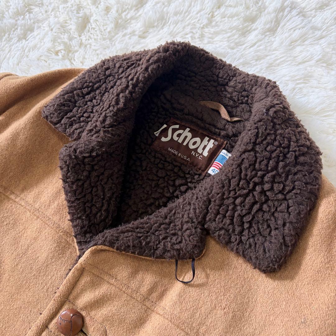 SCHOTT ランチコート ボアジャケット くるみボタン ウール ブラウン L