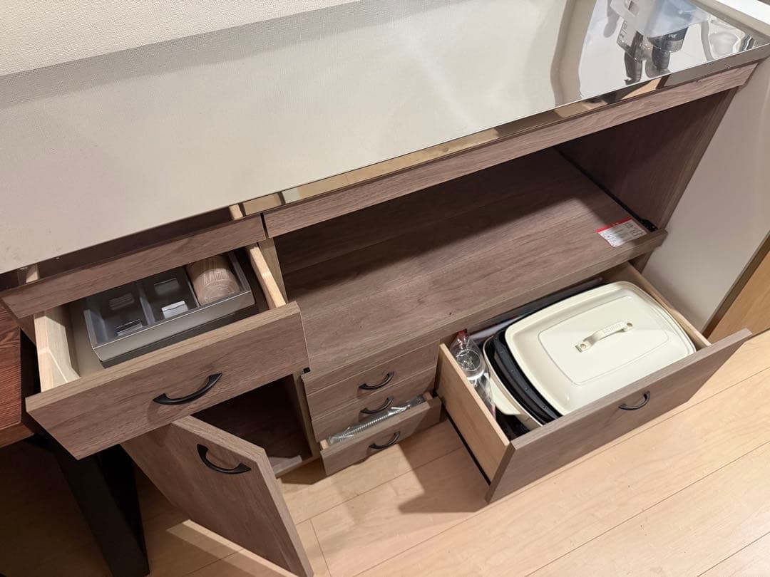 木製キッチンカウンター 収納付き　ステンレス台