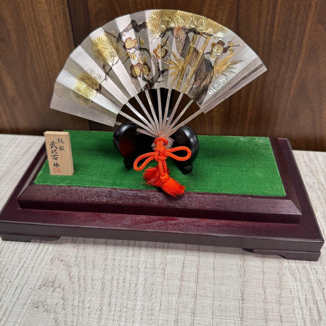 純銀 扇 5号(松竹梅) 純銀製 扇子 置物 武比古作 銀細工 インテリア