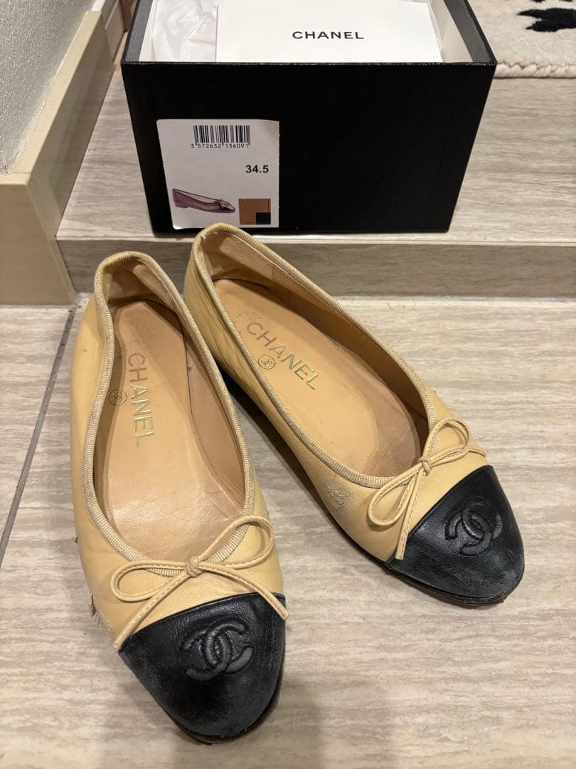 CHANEL バレエシューズ 34.5 ベージュ/黒