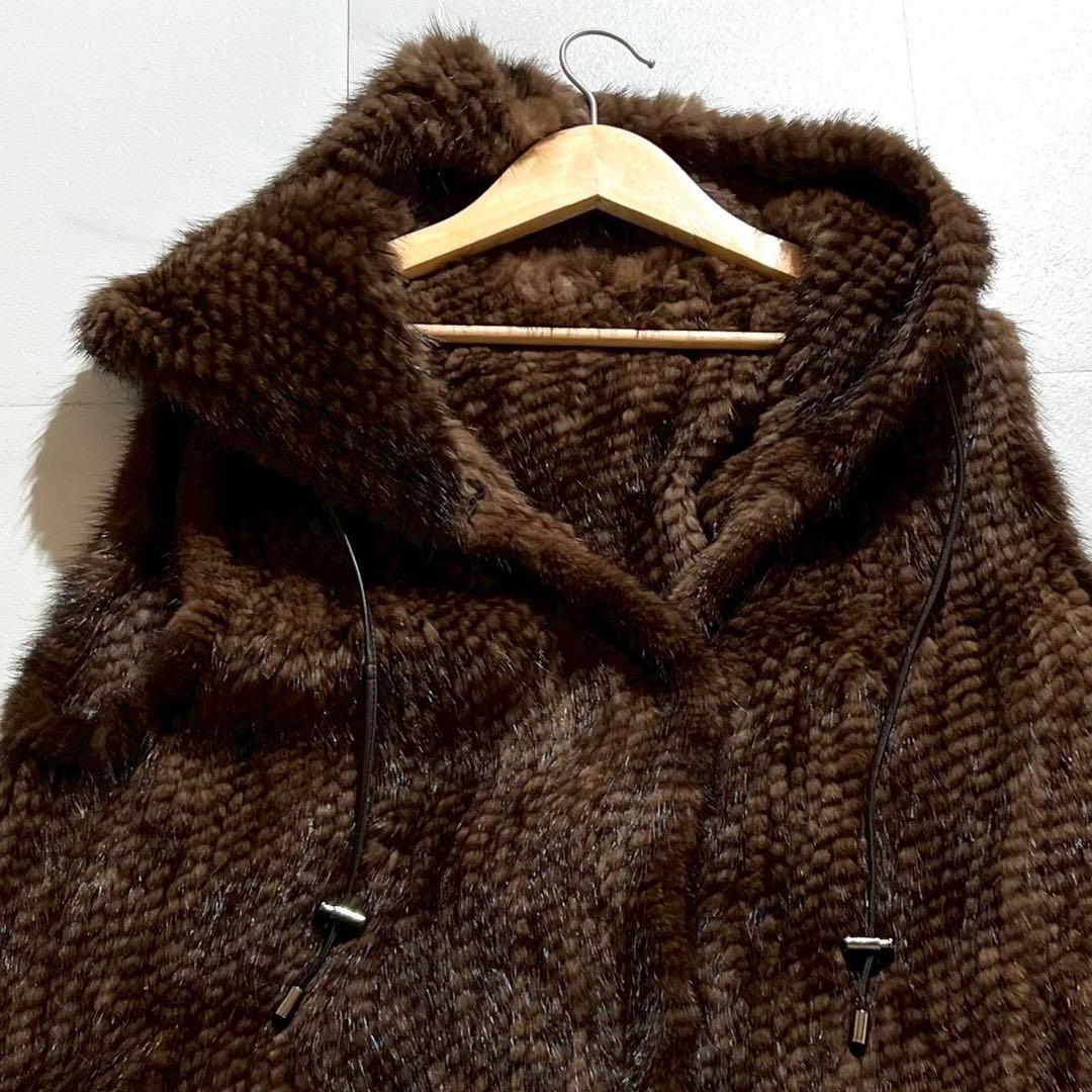 【美品】ミンクファー フード付きベスト ニッティング加工 Lサイズ ドローコード