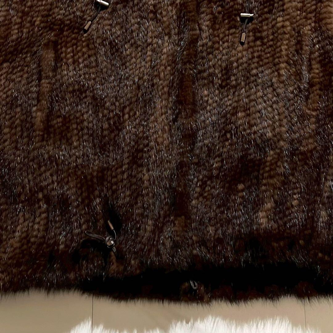 【美品】ミンクファー フード付きベスト ニッティング加工 Lサイズ ドローコード