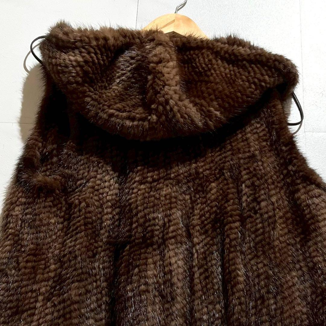 【美品】ミンクファー フード付きベスト ニッティング加工 Lサイズ ドローコード