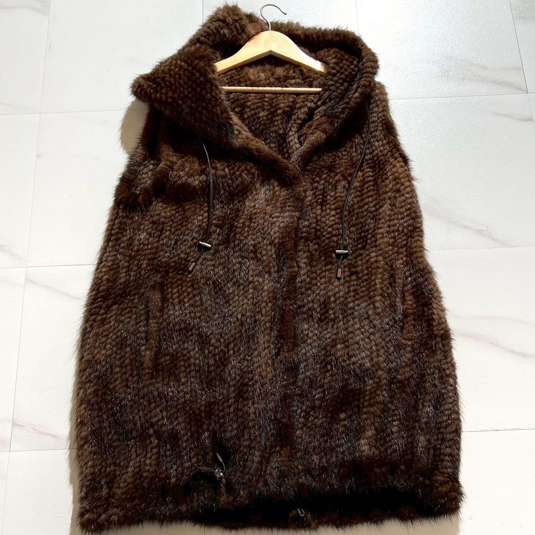 【美品】ミンクファー フード付きベスト ニッティング加工 Lサイズ ドローコード