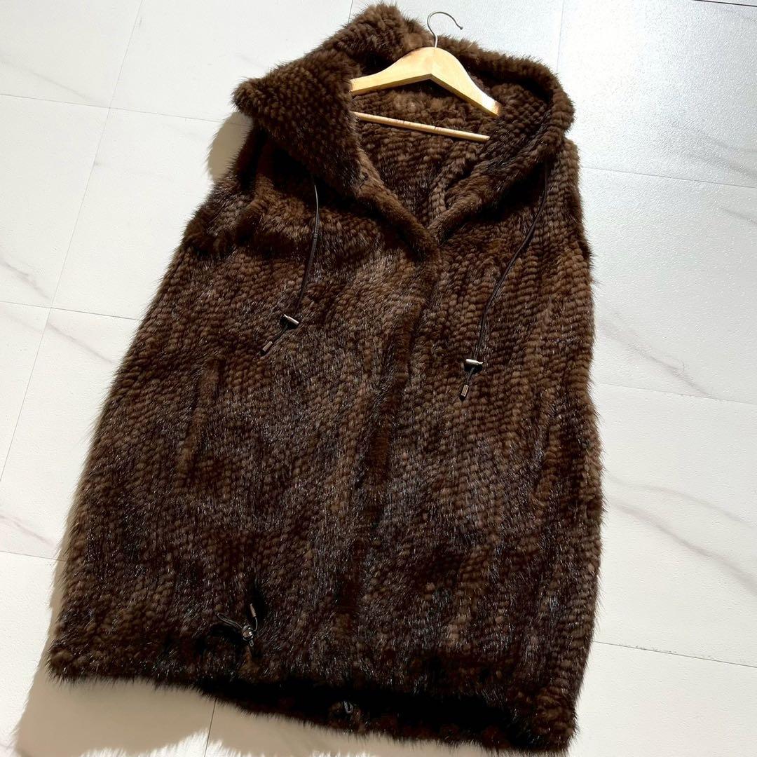 【美品】ミンクファー フード付きベスト ニッティング加工 Lサイズ ドローコード