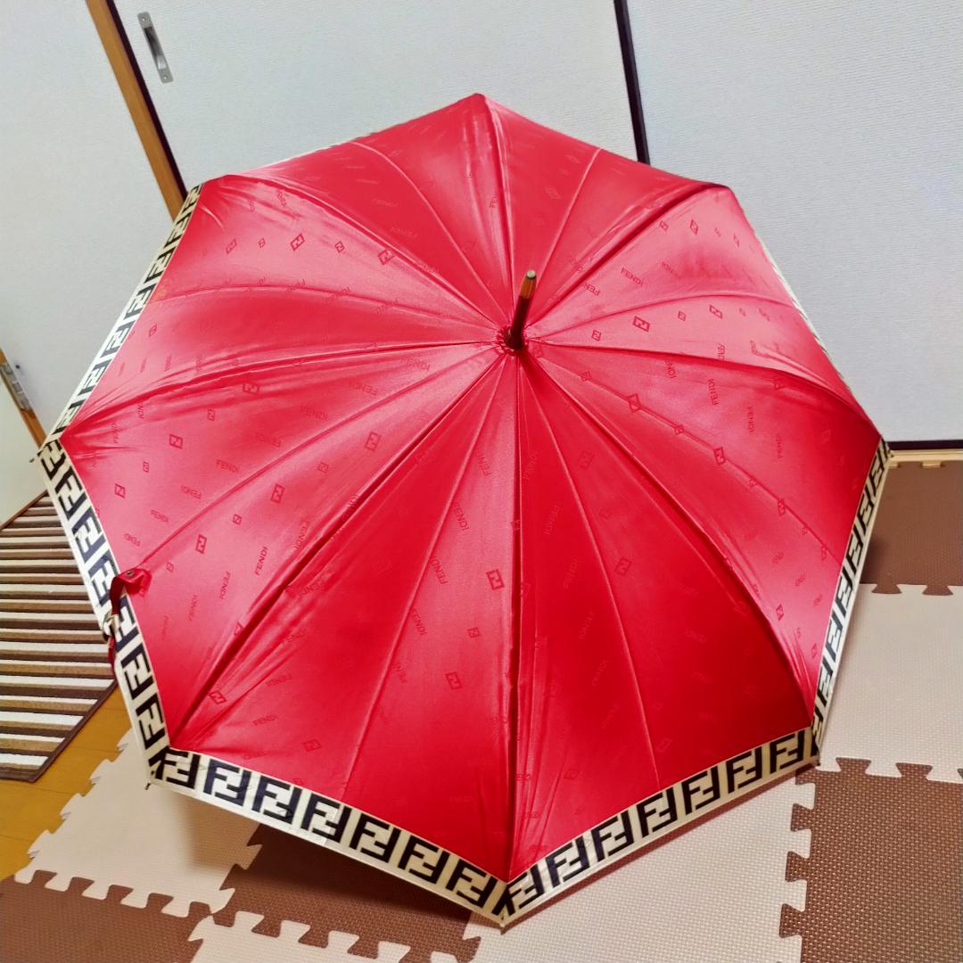 極美品 フェンディ 長傘 ズッカ柄 FF 雨傘 レッド 赤