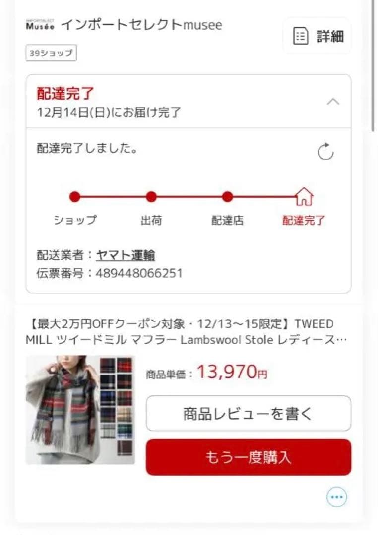 TWEED MILL ツイードミルストールマフラー チェック柄 48x190cm