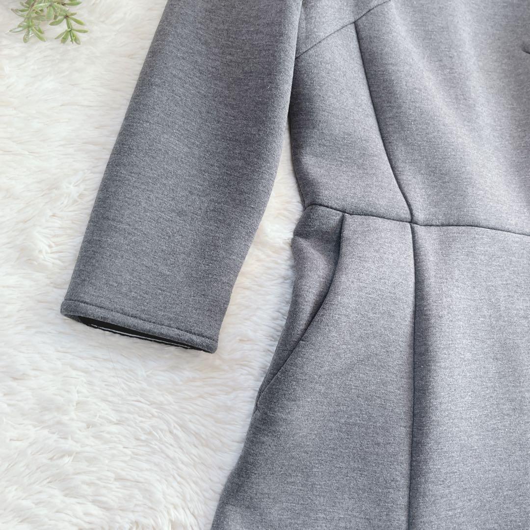 ボーダーズアットバルコニー　肩パール　ラウンドミディワンピース　グレー　36