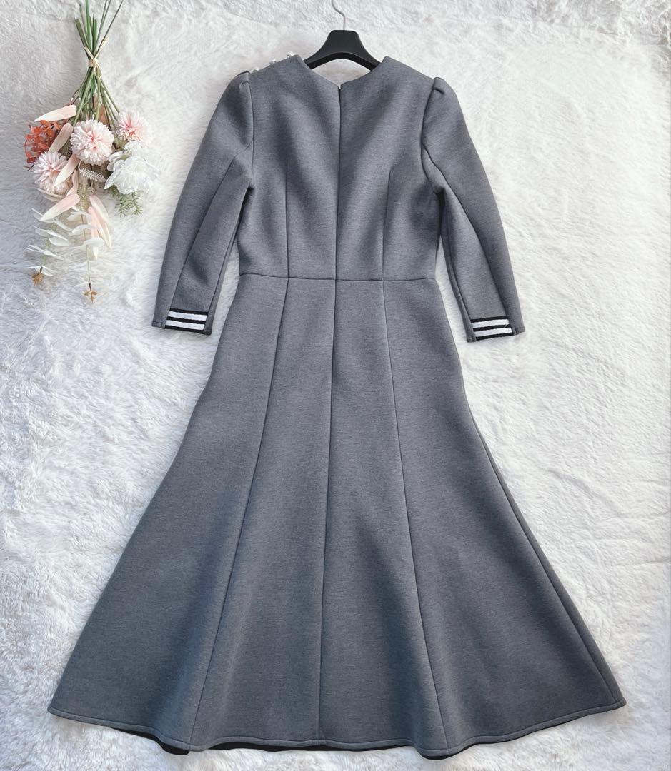 ボーダーズアットバルコニー　肩パール　ラウンドミディワンピース　グレー　36