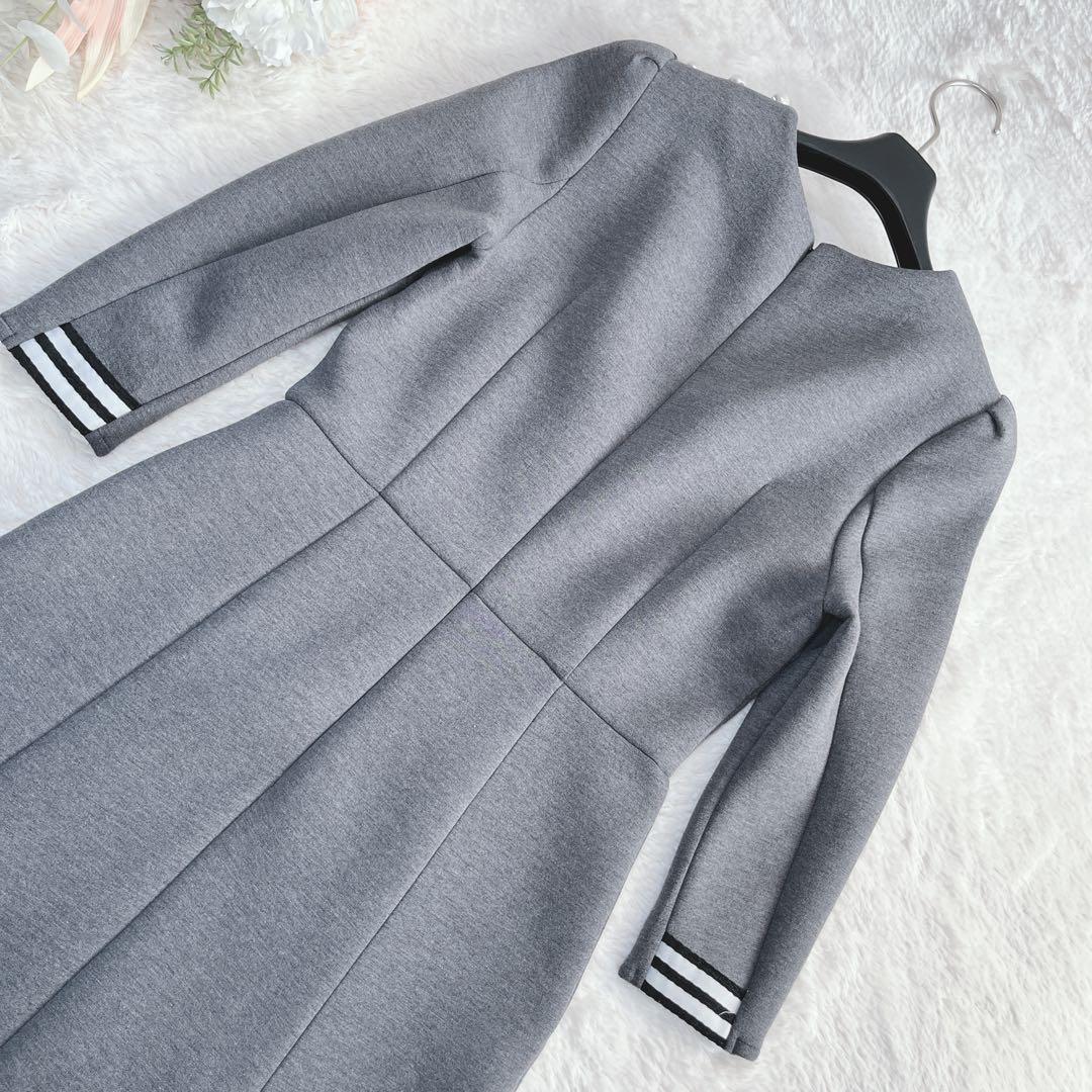 ボーダーズアットバルコニー　肩パール　ラウンドミディワンピース　グレー　36