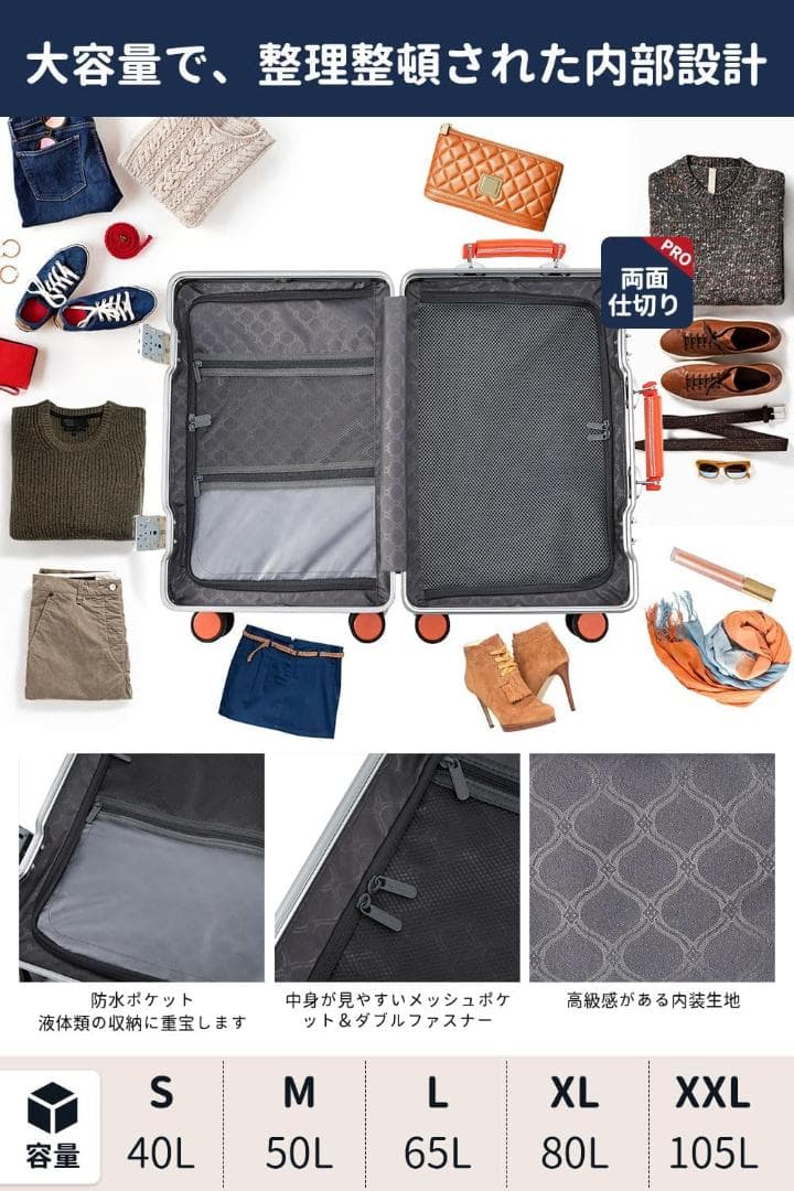 キャリーケース　スーツケース　大容量　シルバー 軽量　おしゃれ　TSA　М