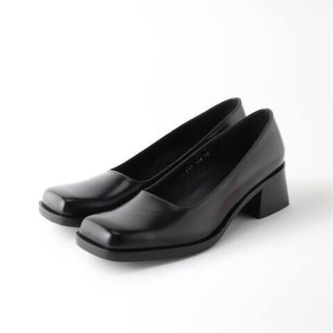 黒 スクエアトゥ 中ヒール シューズ　メゾンエウレカ　24