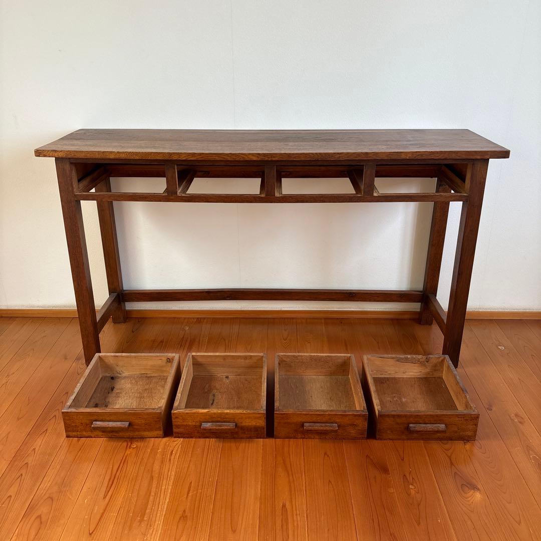 古家具『木製長机 引出し4つ付き』