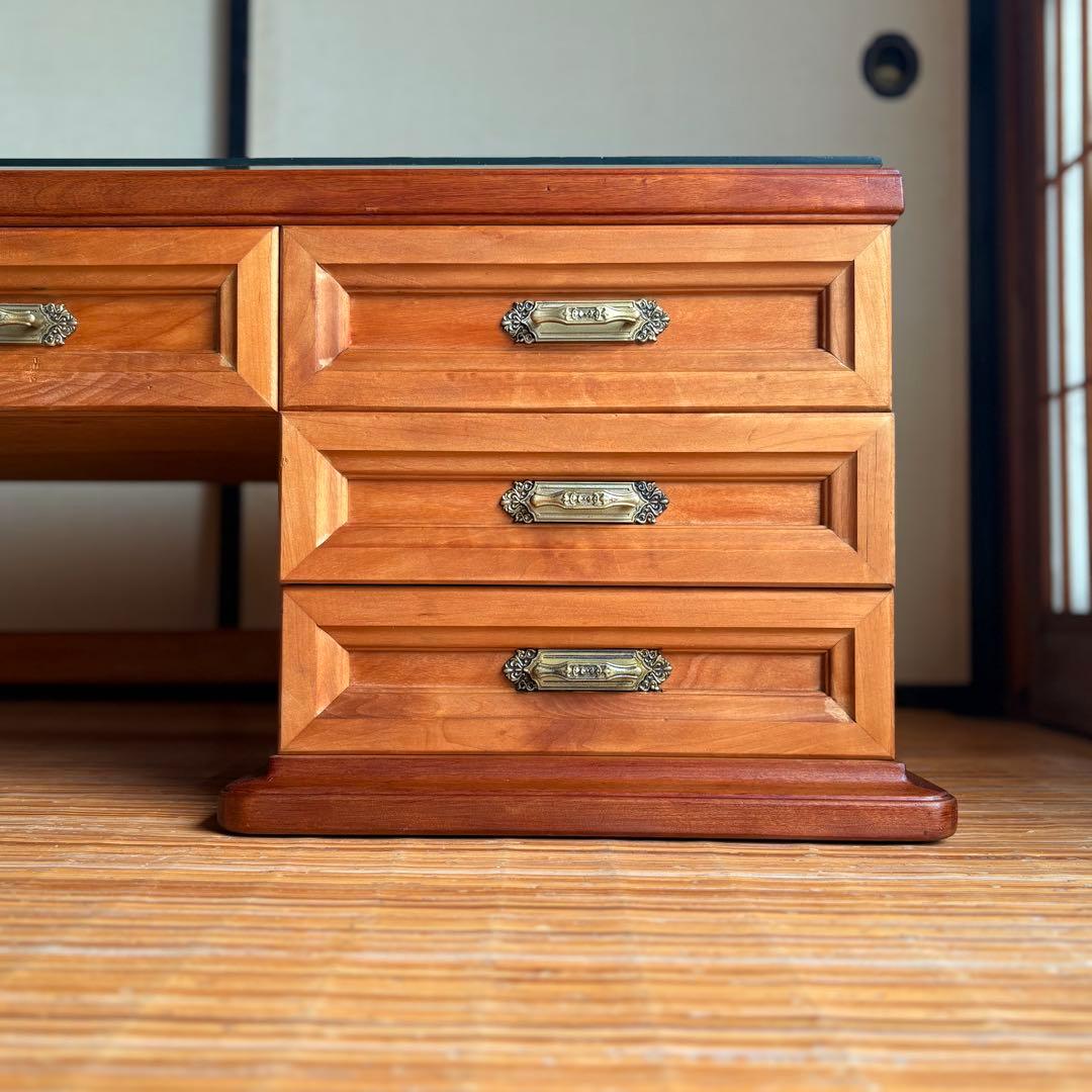 特注品【無垢材×ガラス天板】和モダン デスク ローテーブル 5杯 柿渋×蜜蝋