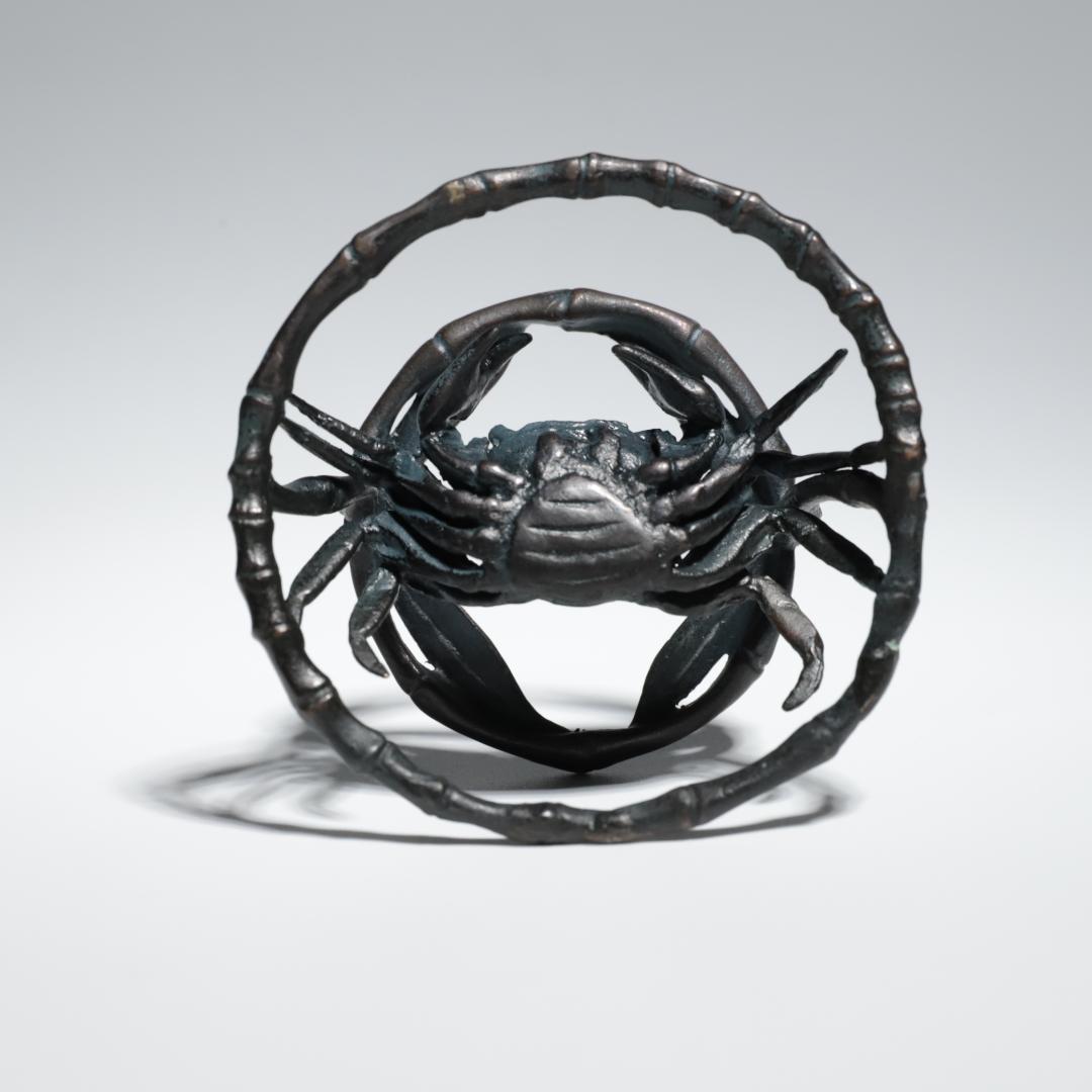 籠蟹 蓋置 置物 銅器 共箱 共布 骨董 時代物 古道具 240322DZ20