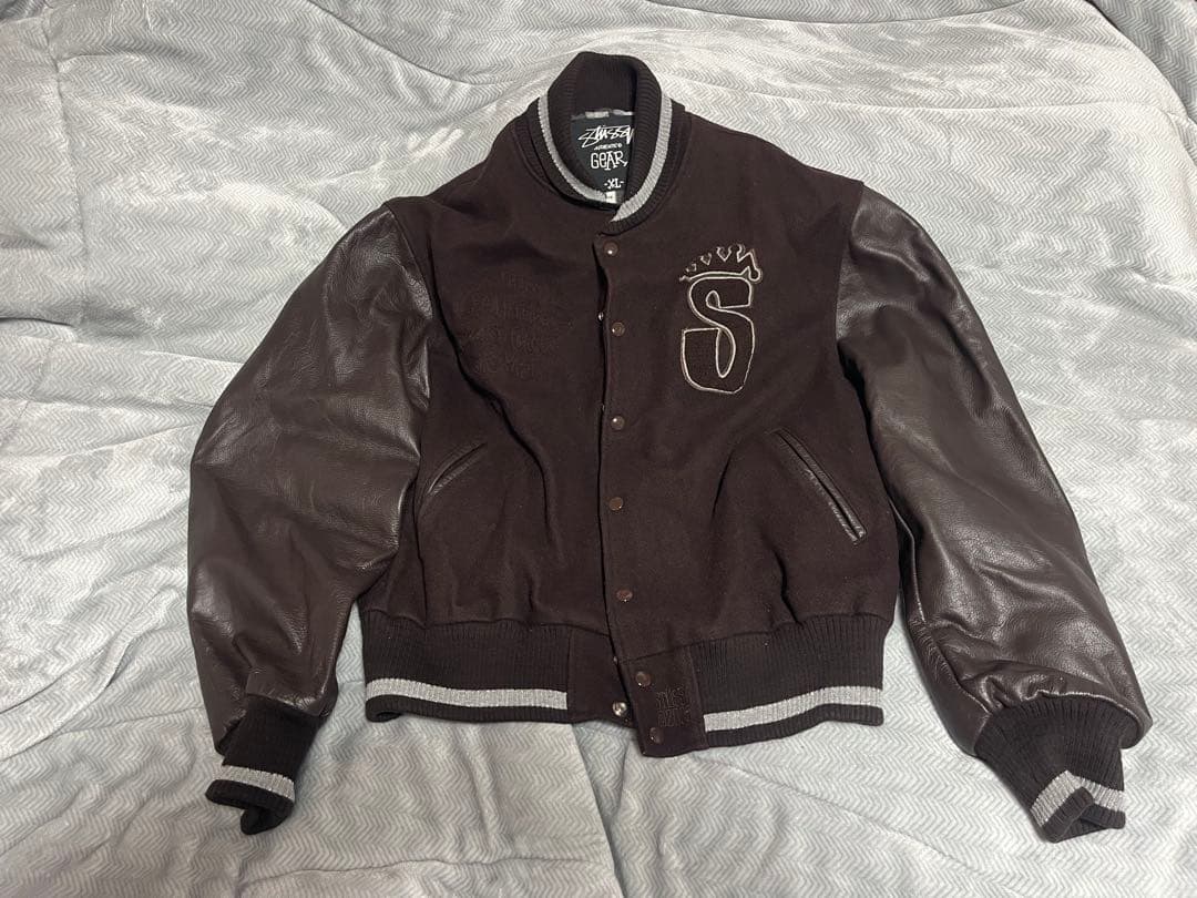 【希少XL】STUSSY レザー切替スタジャン 裏地フォト総柄 ブラウン