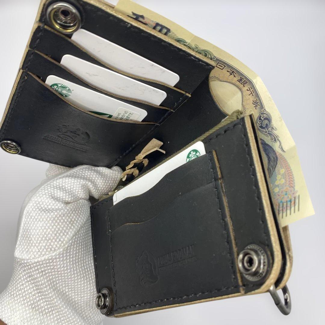 収納たくさんお札折らずに収納できる無骨な手染めミドルトラッカーウォレット BTW