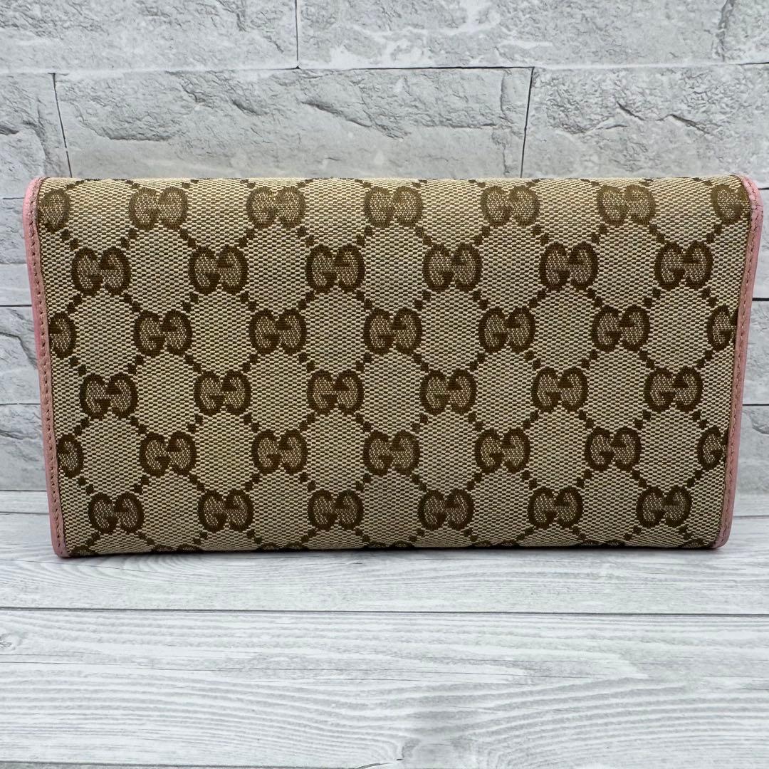 【美品】GUCCI GGキャンバス 長財布 　二つ折り ピンク　レザー