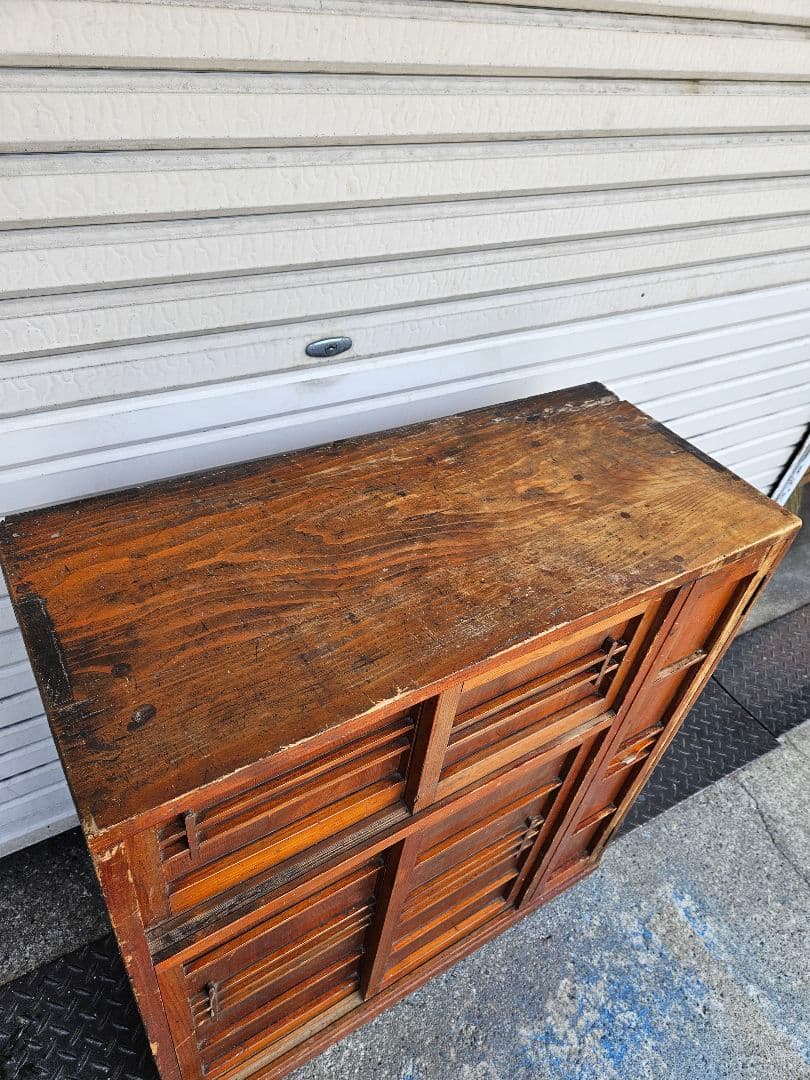 日本のアンティーク 古い木の下駄箱 シューズボックス 傘入れ付き 棚 収納