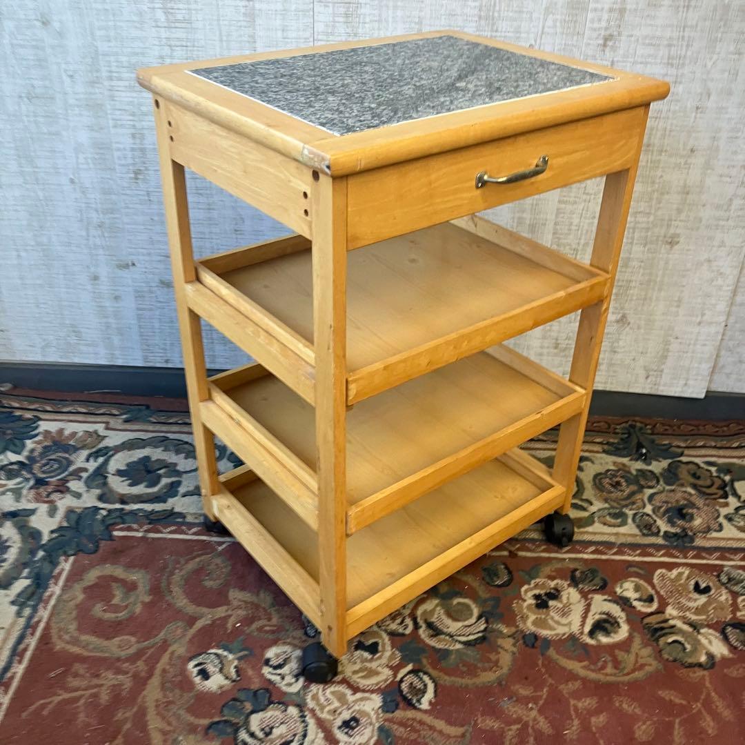 昭和レトロ 大理石天板張り 木製キッチンワゴン キャスター付き キッチンカート
