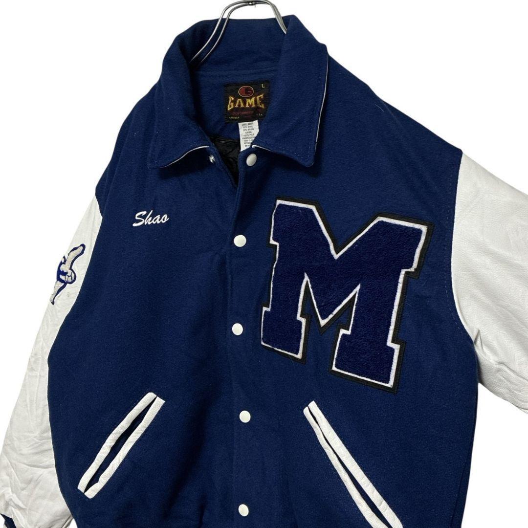 USA製✨スタジャン カレッジ メルトンウール×レザー 両面刺繍ロゴ 中綿 XL