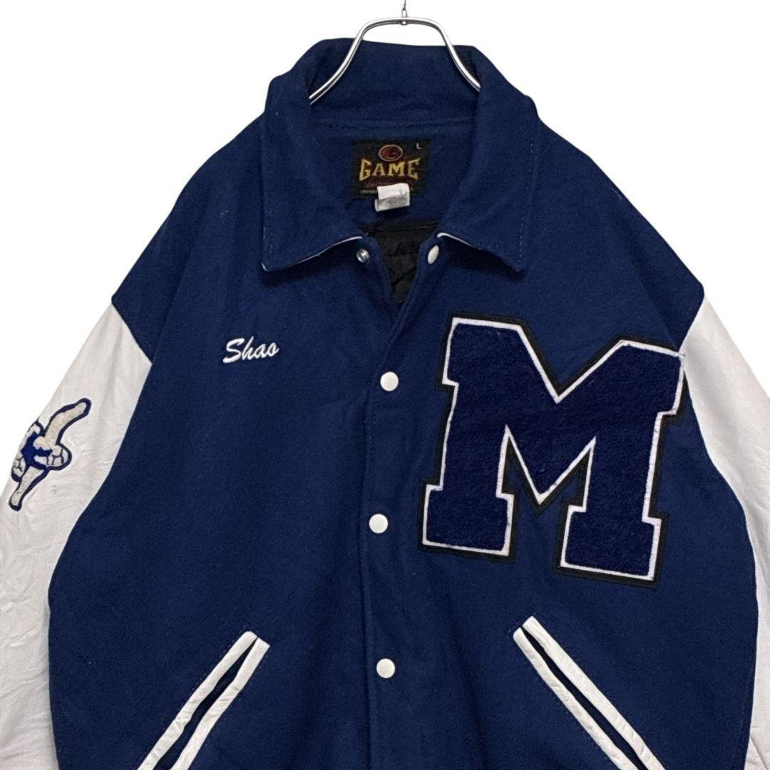 USA製✨スタジャン カレッジ メルトンウール×レザー 両面刺繍ロゴ 中綿 XL