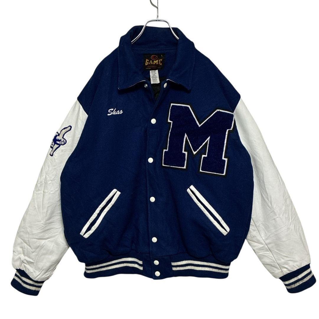 USA製✨スタジャン カレッジ メルトンウール×レザー 両面刺繍ロゴ 中綿 XL