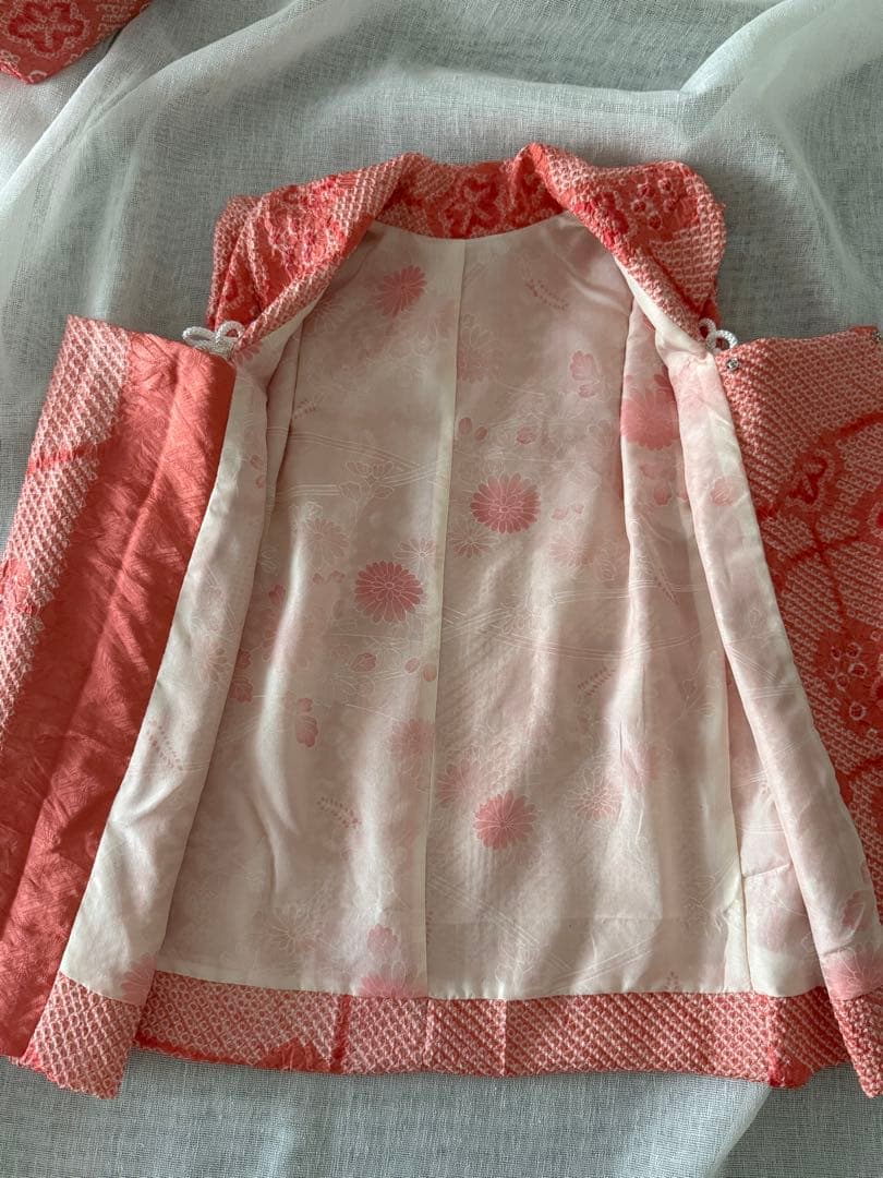 正絹総絞りお被布＆巾着セット　珊瑚色♡コーラルピンク