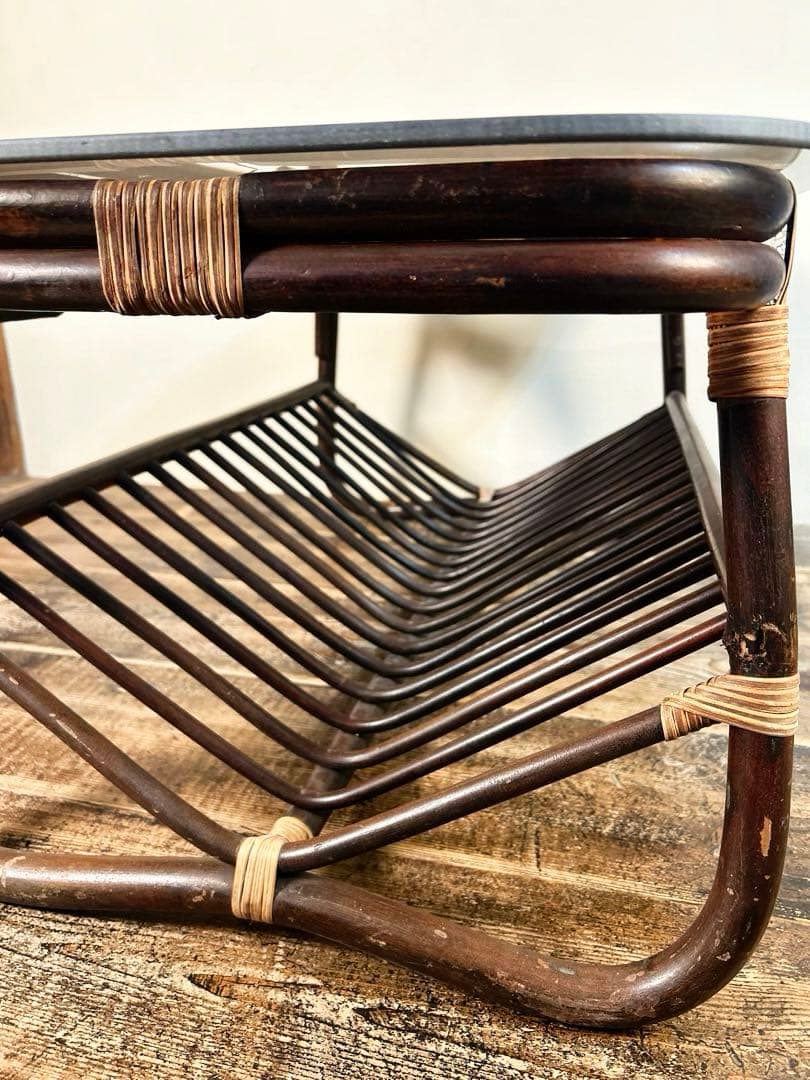 アンティーク ラタン ローテーブル 籐 ガラス天板 ヴィンテージ 小ぶり