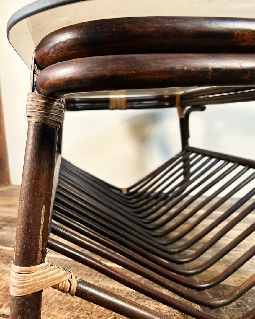 アンティーク ラタン ローテーブル 籐 ガラス天板 ヴィンテージ 小ぶり