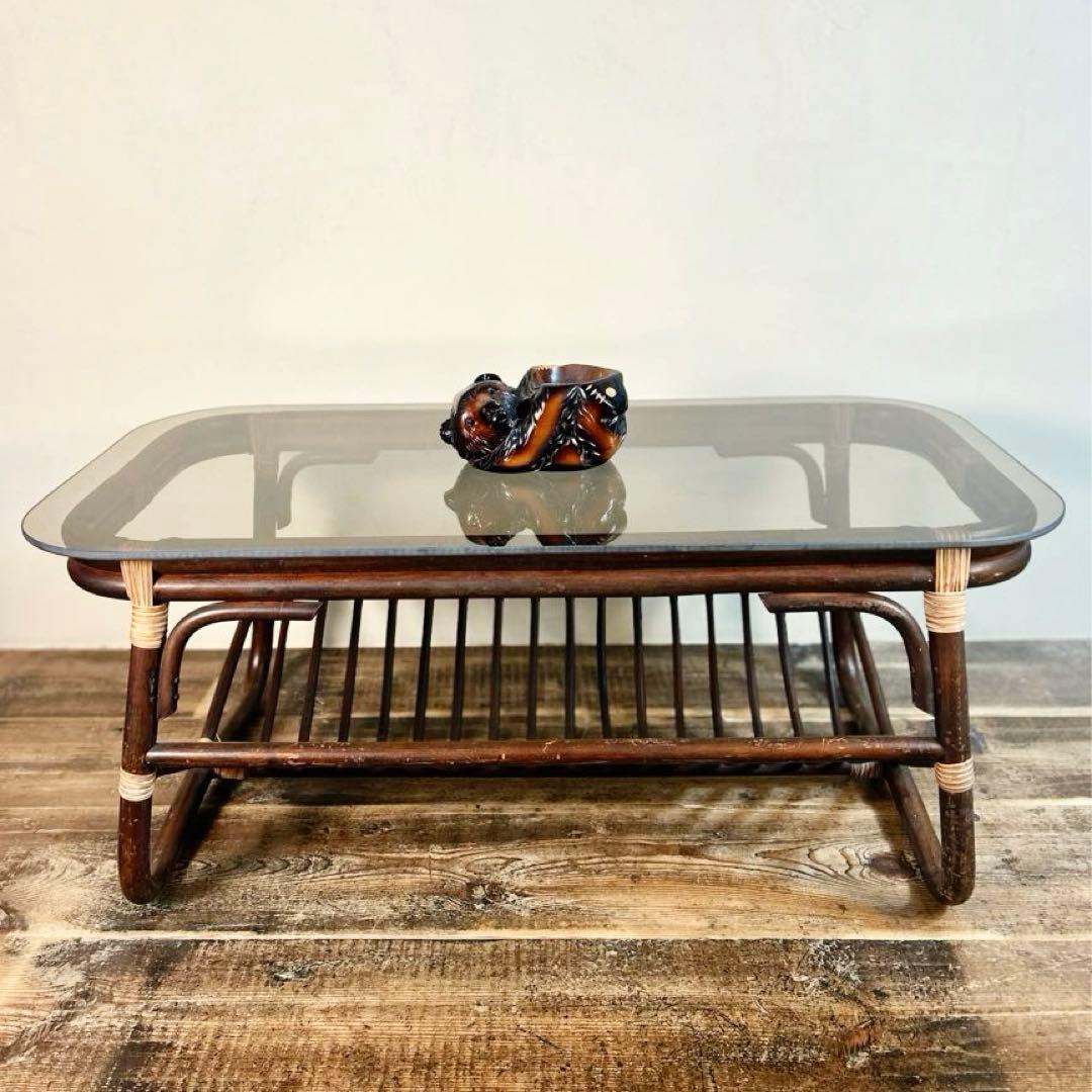 アンティーク ラタン ローテーブル 籐 ガラス天板 ヴィンテージ 小ぶり