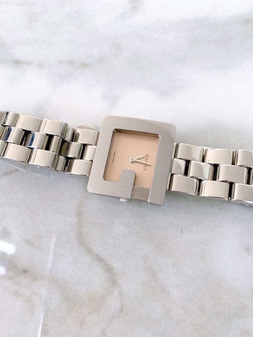 。【不動】GUCCI 腕時計 3600L Gロゴベゼル ピンク文字盤 シルバー