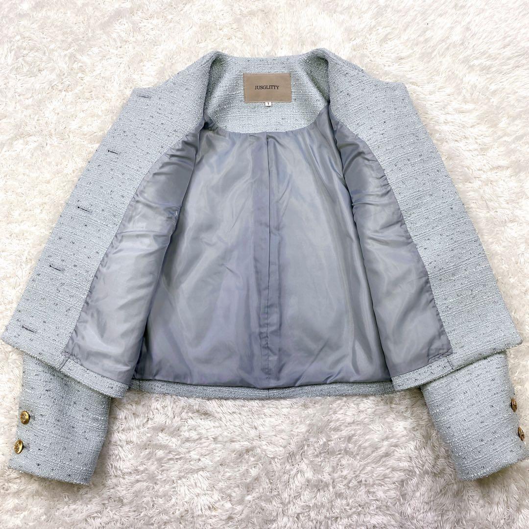 極美品 JUSGLITTY カラーツイードジャコット ノーカラー 金ボタン