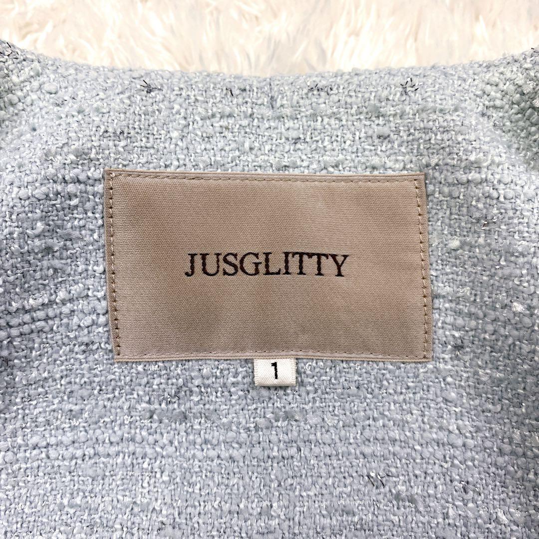 極美品 JUSGLITTY カラーツイードジャコット ノーカラー 金ボタン