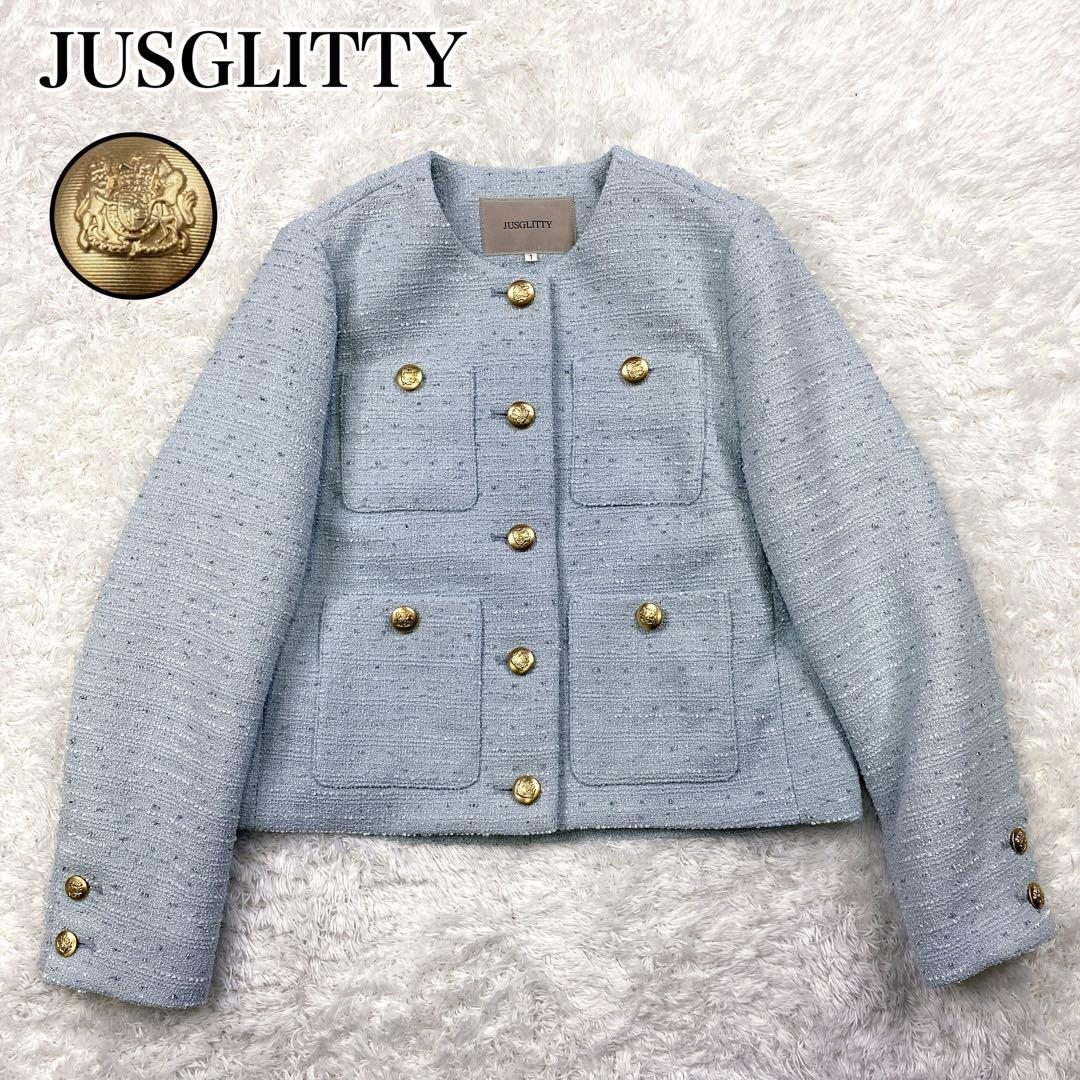 極美品 JUSGLITTY カラーツイードジャコット ノーカラー 金ボタン