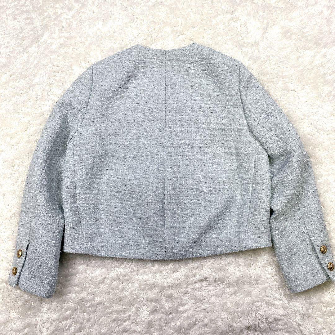 極美品 JUSGLITTY カラーツイードジャコット ノーカラー 金ボタン