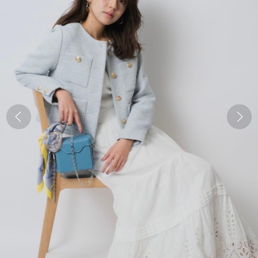 極美品 JUSGLITTY カラーツイードジャコット ノーカラー 金ボタン