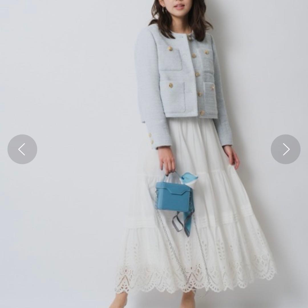 極美品 JUSGLITTY カラーツイードジャコット ノーカラー 金ボタン